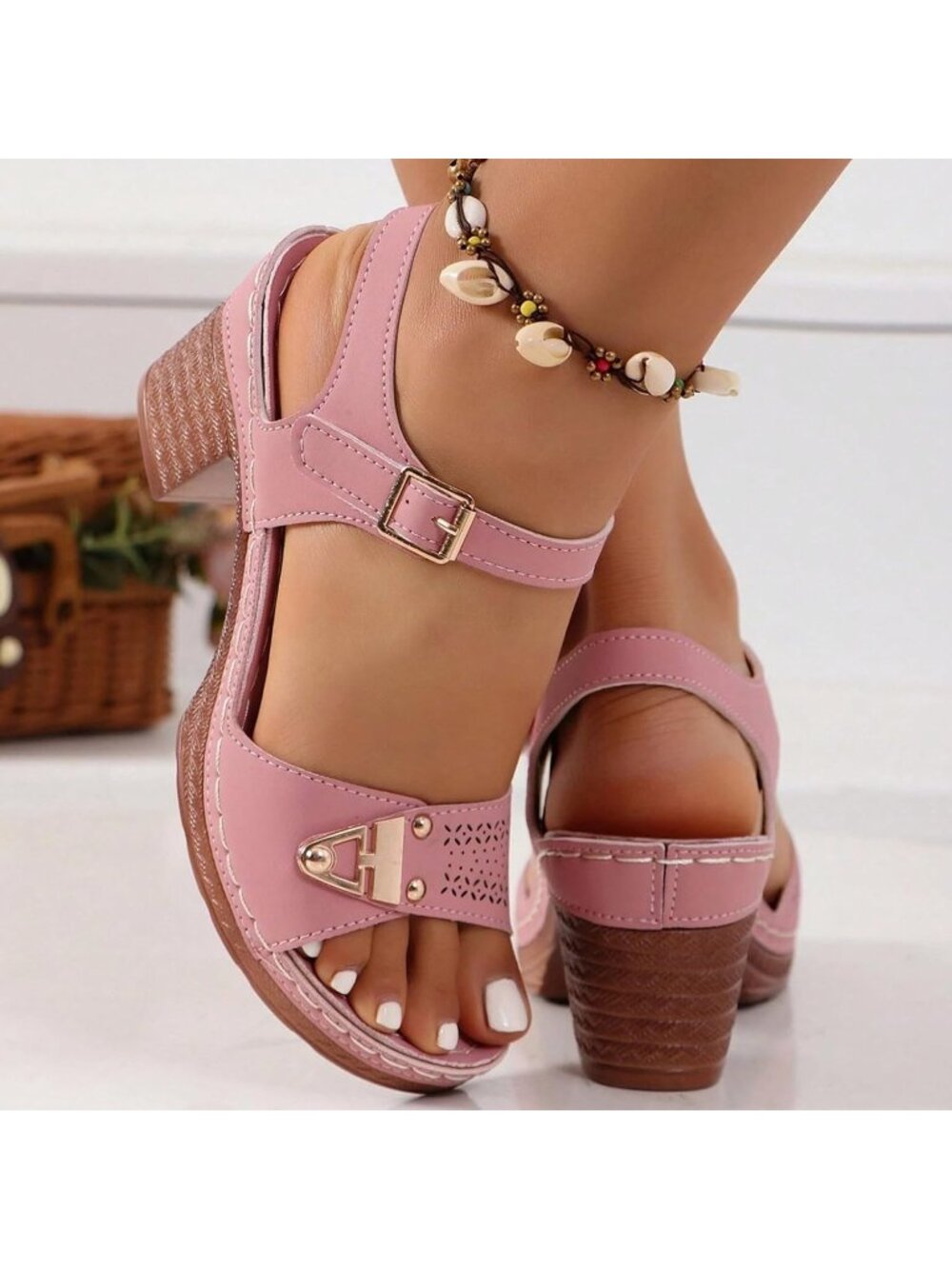 Women's Pink Dressy Low Block Chunky Heels Ankle Strap Comfortable Open Toe - Picture 2 of 7
